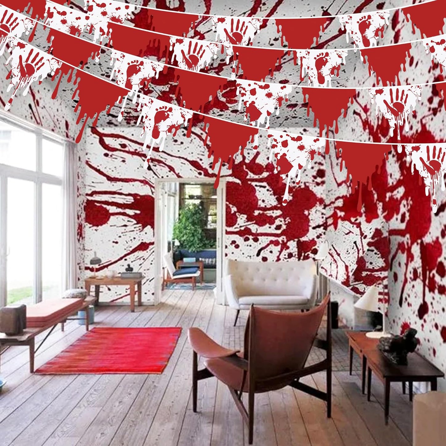 30Ft Halloween Party Decorations Red Bloody Handprint Footprint Triangle Flag Banner Fabric Pennant Garland Streamers for Happy Halloween Scary Zombie Vampire Horror Birthday Outdoor Garden Decor