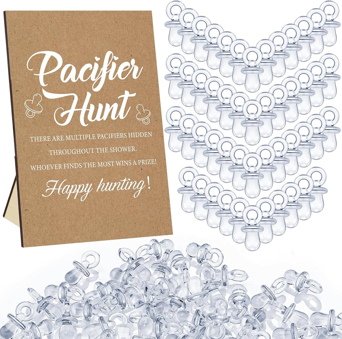 Thyle 51 Pcs Pacifier Hunt Baby Shower Games Include Hunt Sign and 50 Acrylic Pacifiers for Baby Shower Game Decoration Gift Sets Gender Reveal Party Decor(Kraft)