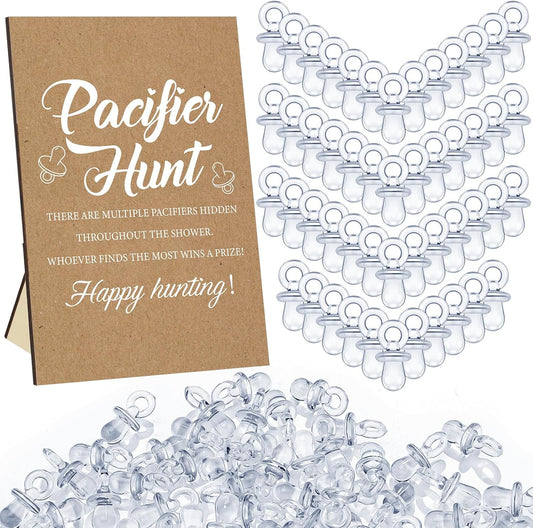 Thyle 51 Pcs Pacifier Hunt Baby Shower Games Include Hunt Sign and 50 Acrylic Pacifiers for Baby Shower Game Decoration Gift Sets Gender Reveal Party Decor(Kraft)