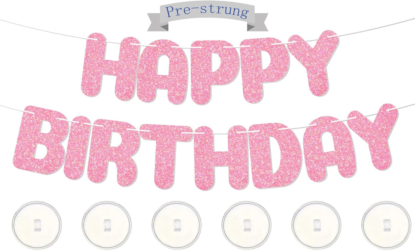 Happy Birthday Banner,with adhesive hooks,pink iridescent letter party banner,Glitter Decor,Kids Baby Adults Birthday Decorations Party Supplies(Pre-Strung)(Pink)