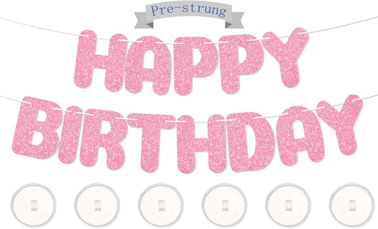Happy Birthday Banner,with adhesive hooks,pink iridescent letter party banner,Glitter Decor,Kids Baby Adults Birthday Decorations Party Supplies(Pre-Strung)(Pink)