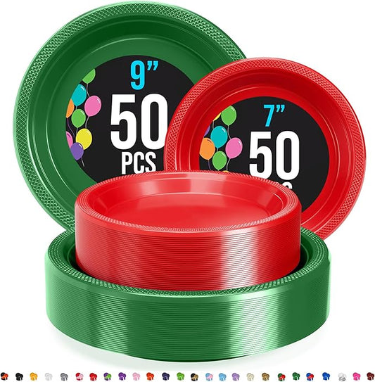 Party Solids Green & Red Plastic Plates For Party Supplies, Green & Red Disposable Plates 100 Pieces - 50-7" & 50-9" Heavy Duty 350 GSM Disposable Dinnerware Sets, Plastic Dinnerware Sets