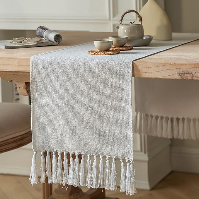 ZeeMart Light Grey Table Runners 108 Inches Long, Burlap Linen Style Rustic Farmhouse Table Runner, Long Boho Dining Table Runner, 13x108 Inches, Light Grey