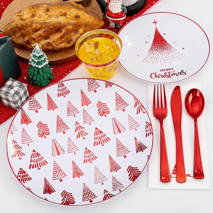 Nervure 175PCS Christmas Plastic Plates - White and Red Disposable Plates - Xmas Tree Plates Include 25Dinner Plate, 25Dessert Plate, 75Silverware, 25Cups, 25 Napkins for Christmas Party