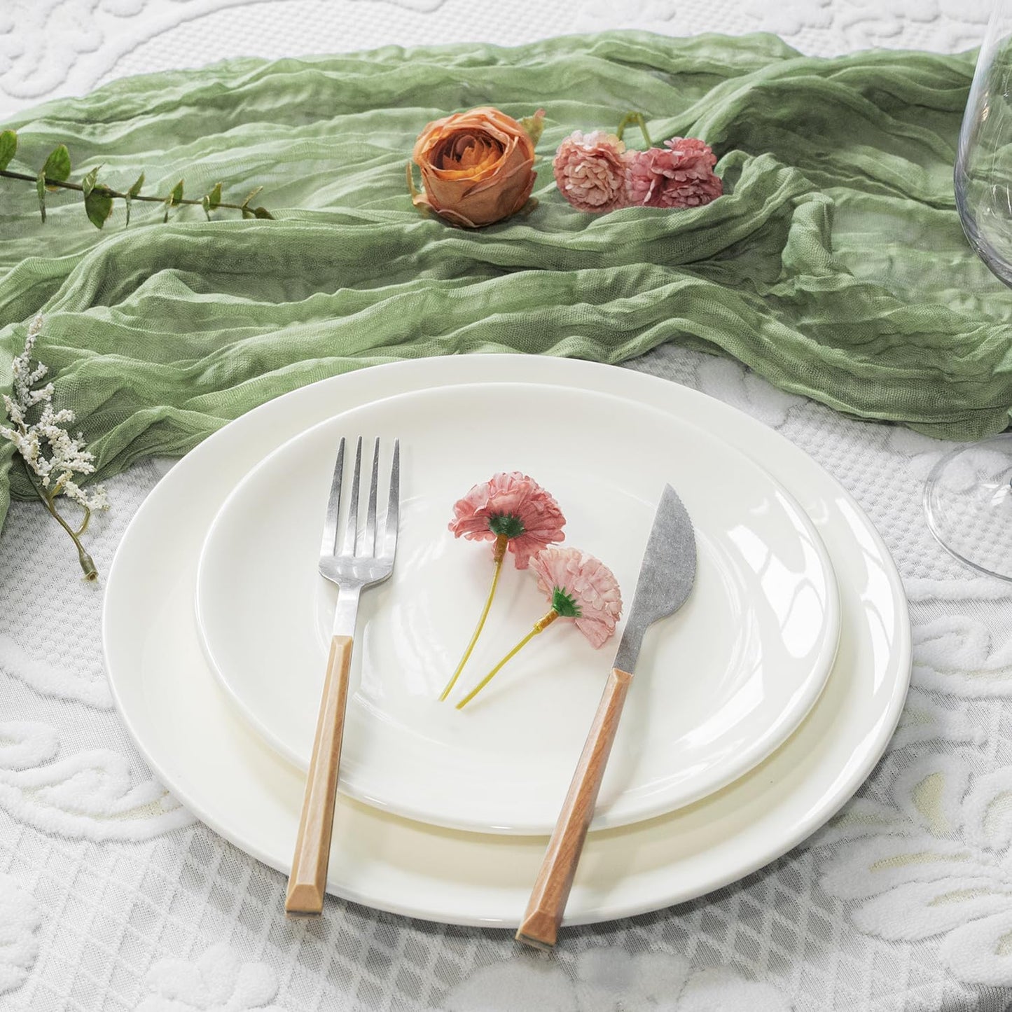 GARIG 6 Sage Green Table Runner for Summer, 10FT Boho Sheer Spring Gauze Cheesecloth Table Runner 35x120Inch for Mother's Day Wedding Party Baby Bridal Shower Birthday Home Decor