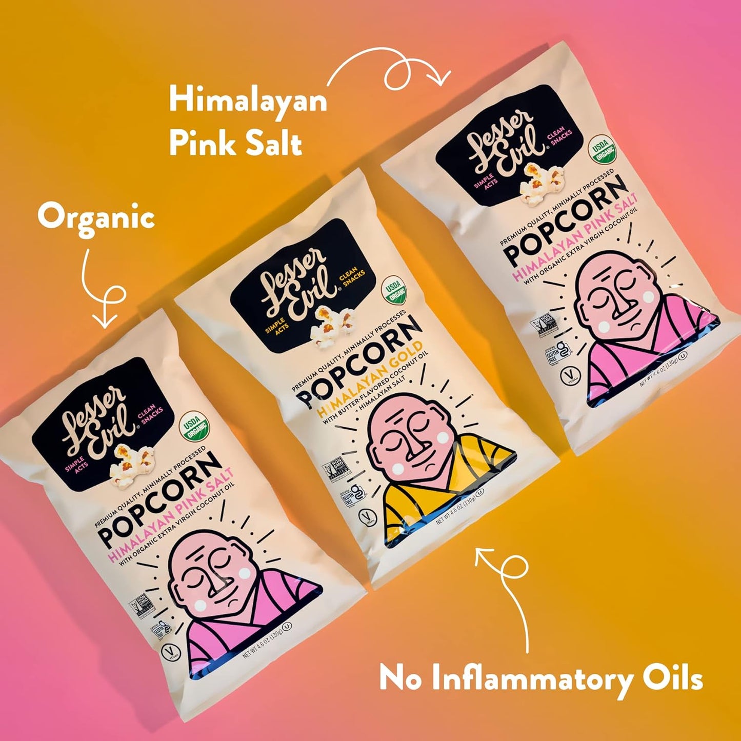 LesserEvil Organic Popcorn Favorites Pack, 2 Bags of Himalayan Pink Salt (4.6 oz each), 1 Bag of Himalayan Gold (4.6 oz)