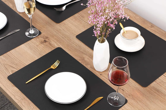 Wipeable Placemats Leather Table Mats Waterproof Heat-Resistant Easy to Clean for Dining Table Set Kitchen Table (6, Black)