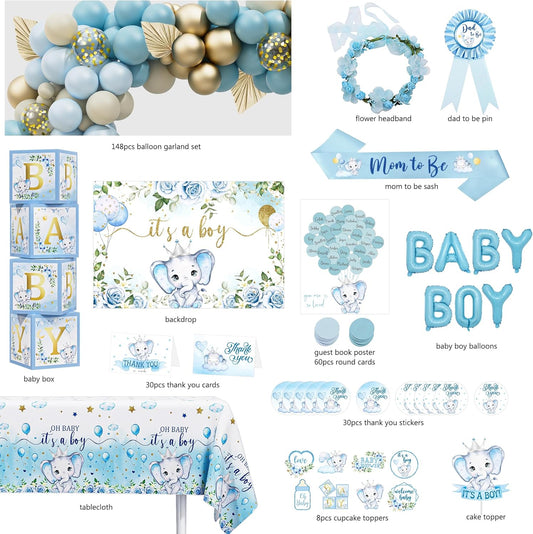 Elephant Baby Shower Decorations for Boy, Blue Elephant Baby Shower Party Supplies, It's a Boy Backdrop Tablecloth Elephant Balloon Arch BABY Box Mom to Be Sash Dad to Be Pin