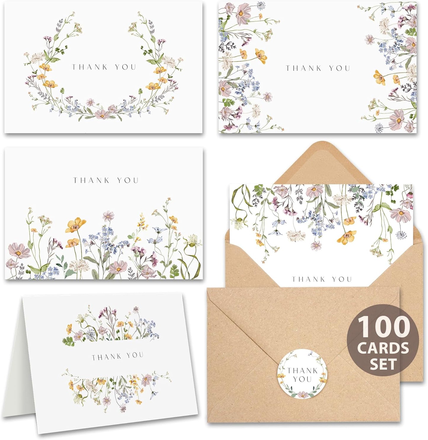AUDREE Floral Thank You Cards with Envelopes (bulk 100-4x6) - Wildflower Thank You Cards with Envelope and Stickers - Greeting Notes with Envelopes Set for Wedding, Bridal Showers, Baby Showers