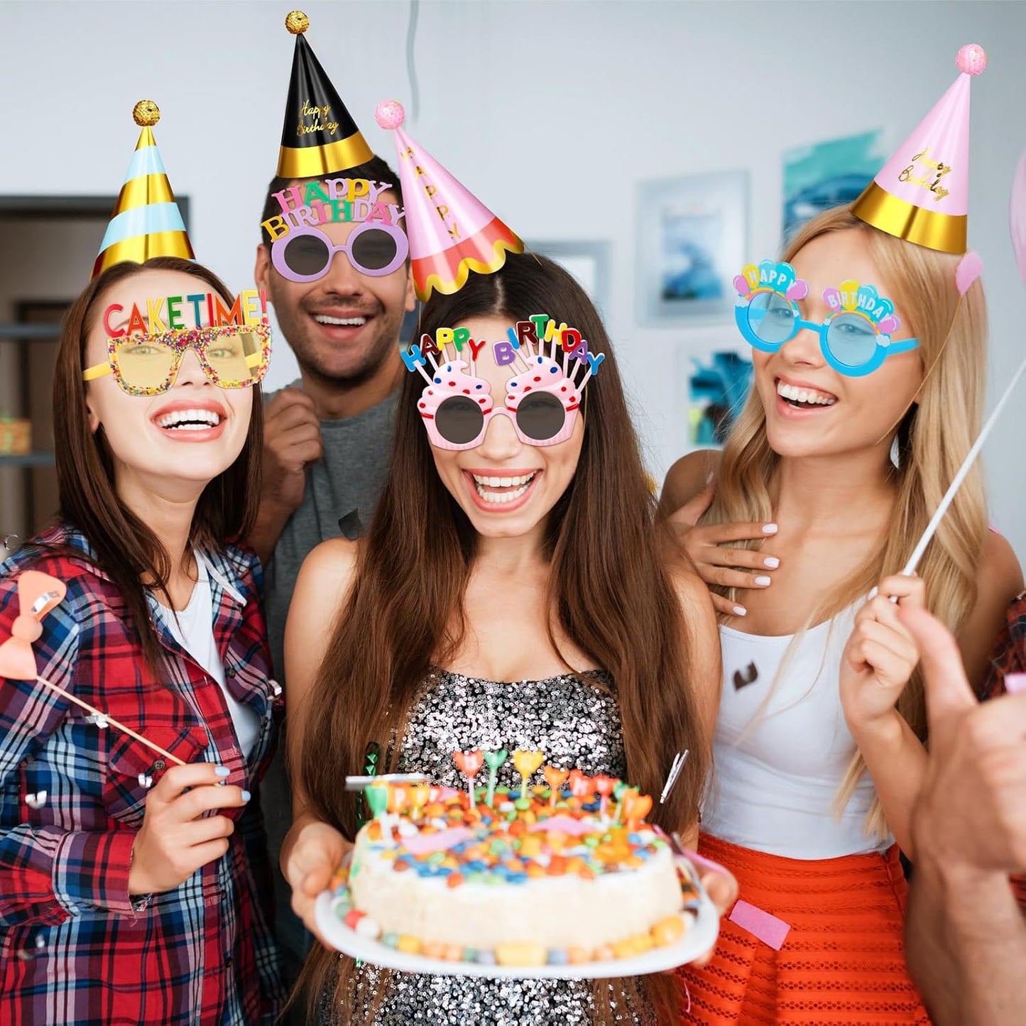 16 Pcs Birthday Party Hats Party Cone Hat with Pom Poms Birthday Glasses Photo Booth Props for Kids Adults (Glitter Style)