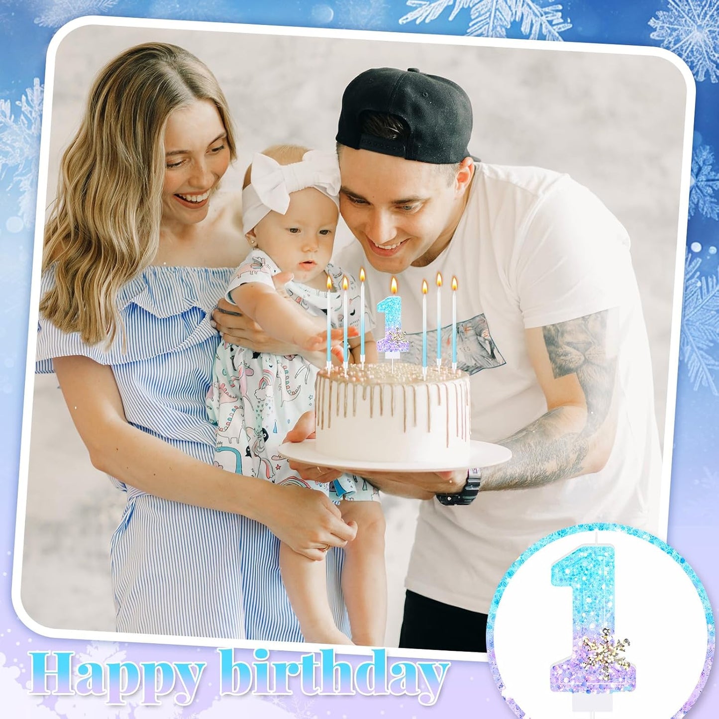 MTLEE Number 1 Birthday Candle Blue Snowflake with 6 Long Thin Cupcake Candles Blue Sparklers Glitter Number Happy Birthday Cake Topper Decorations for Winter Party Supplies