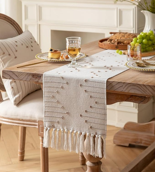Boho Table Runner 13 x 60 Inch Long Natural Cotton Woven Runner with Tassels for Home Dining Table décor, for Modern Farmhouse Decor Coffee Table Runner, Taupe and Beige