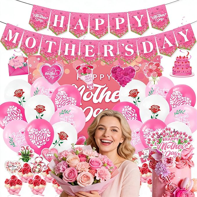 Happy Mother’s Day Party Decorations, Mom Pink Party Supplies Kit with Backdrop, Banner, Cake Topper, Cupcake Picks, Balloons & Hanging Swirls for Mother’s Day Celebration