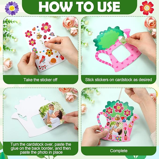 Jetec 48 Sets Spring Watering Can Picture Frames Craft Kit DIY Photo Frames Sticker Craft Make Your Own Paper Picture Frame for Home Activities Party Favors Decorations(Classic Color)