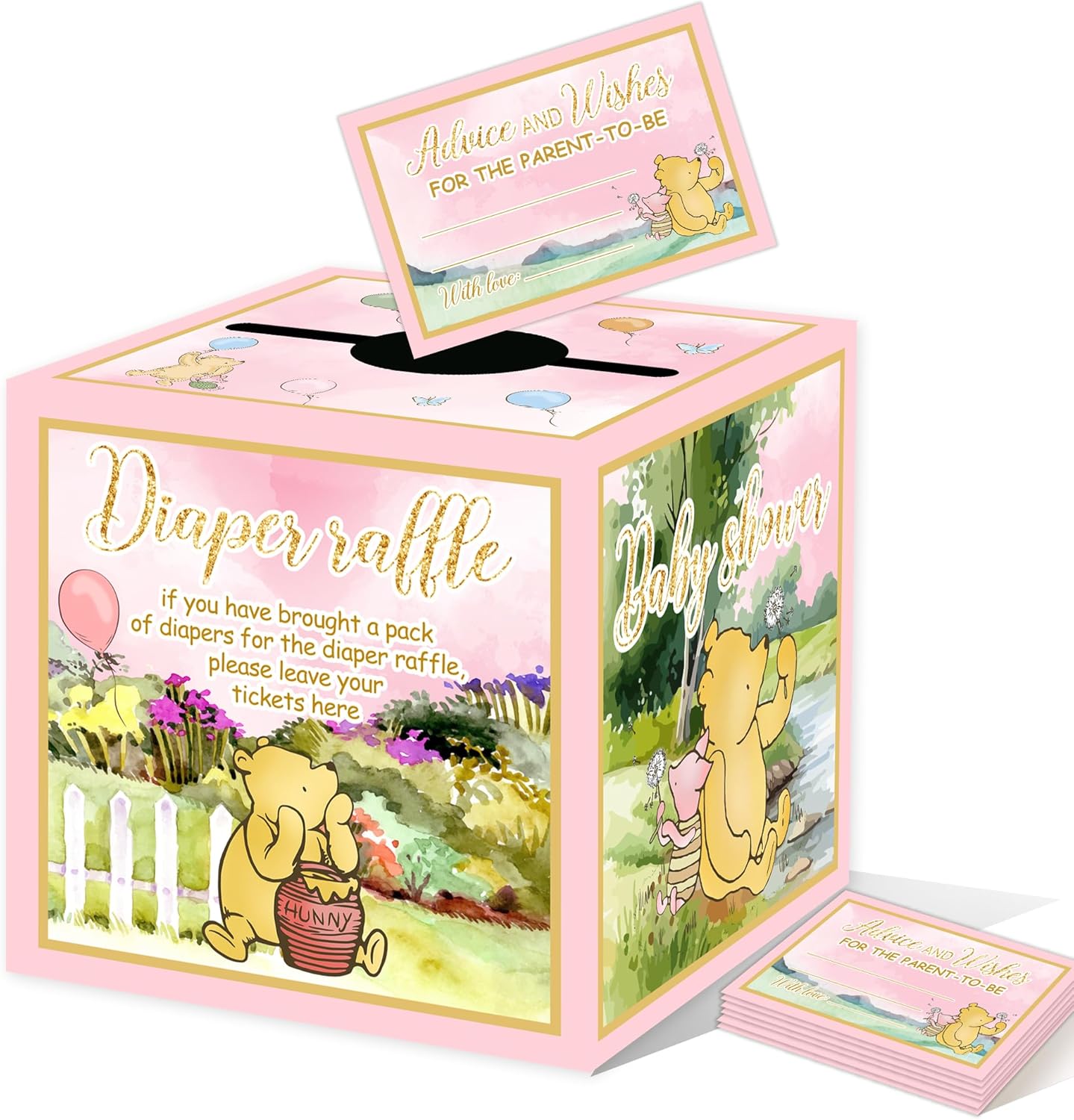 Winnie Baby Shower Decorations-Winnie Baby Shower Games-Pooh Party Decorations-Baby Shower Diaper Raffle Box-pink