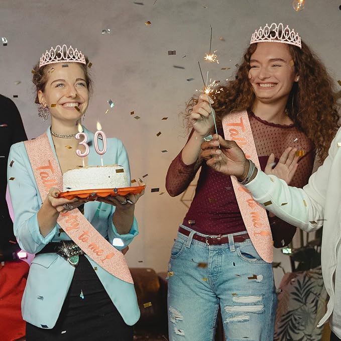 30th Birthday Decoration for Her with Rose Gold Sash, Tiara,Numbers Candles, Sincere 30th Birthday Gifts for Women