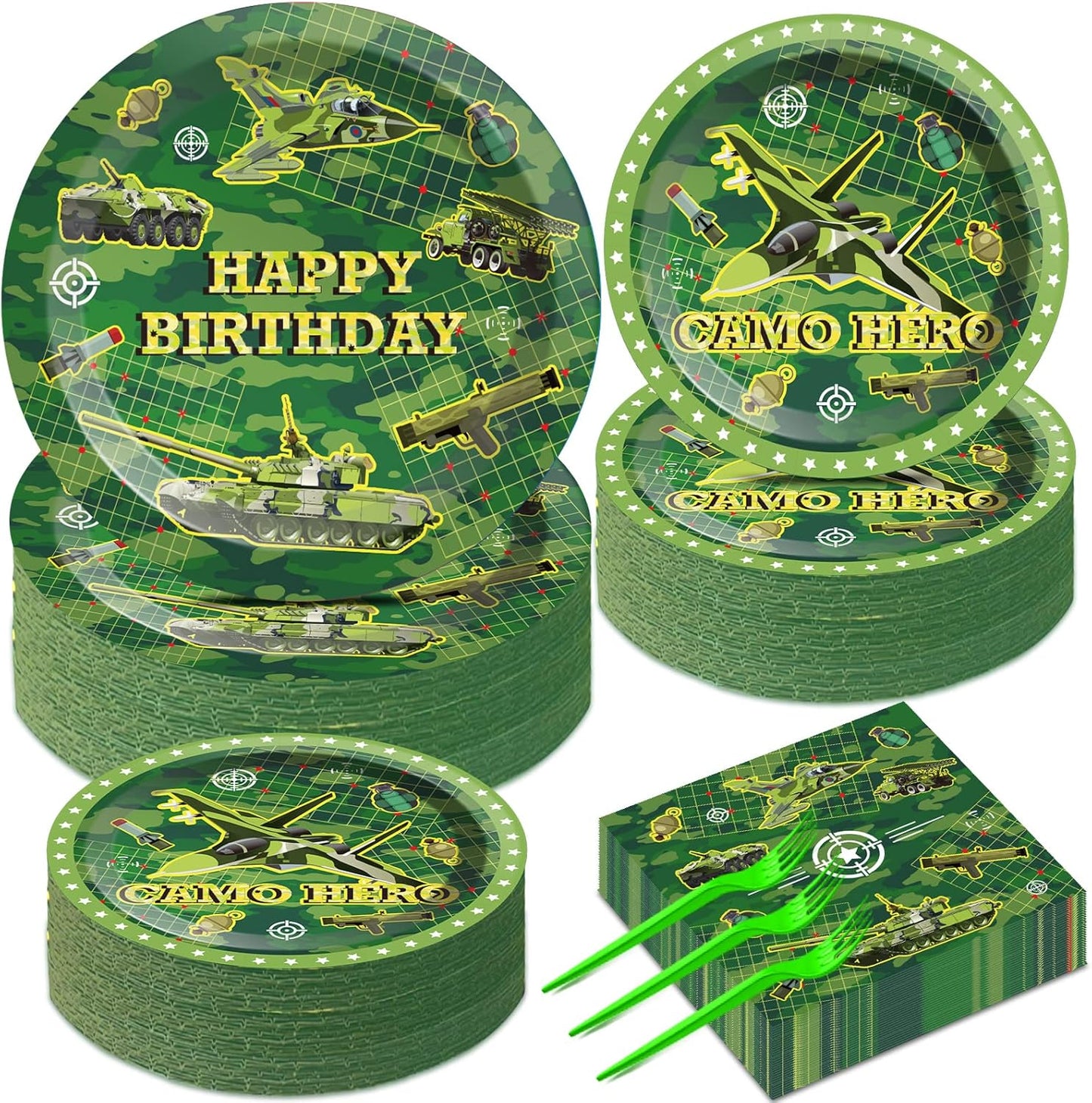 50 Guests Army Birthday Party Decorations - Camo Supplies, Plates, Napkins - Military Soldier Camouflage Favors for Baby Shower - 200 PCS