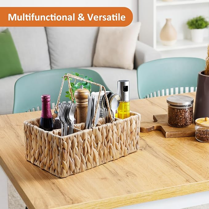Silverware Holder for Party, Wicker Utensil Caddy, Woven Picnic Caddy for Plates, Water Hyacinth Cutlery Basket, Hosting Essentials Organizer