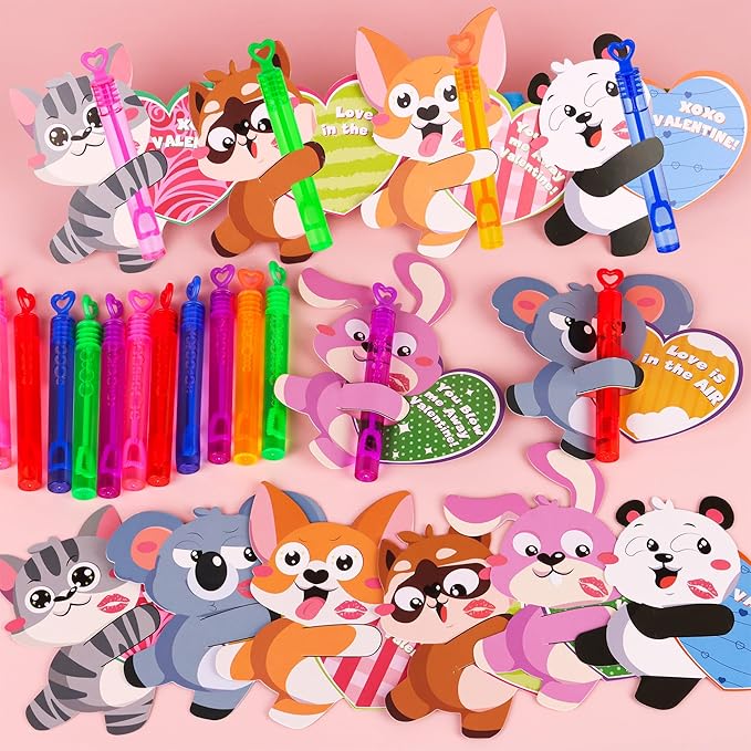 30 Pack Valentines Day Gifts for Kids School Mini Bubble Wands with Valentines Animals Valentines Cards for Kids Classroom, Valentines Day School Prize Party Favors Classroom Exchange Gift Set