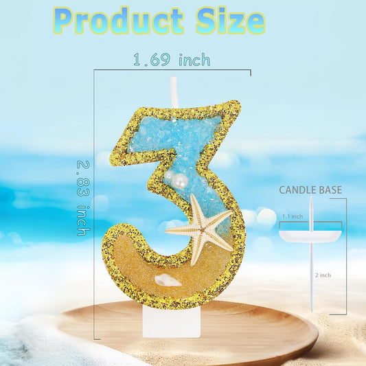 Ocean Number 3 Candle, Glitter Gold Beach Starfish Cake Topper, Tropical Ocean Princess Birthday Decorations for Party Supplies Wedding Anniversaries