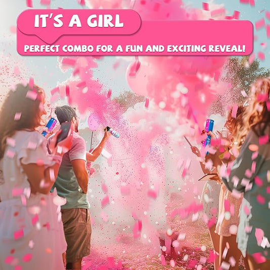 POPUPARTY 2 Pack Pink Gender Reveal Fire Extinguishers with 4 Pack Pink Confetti Cannons for Baby Girl Gender Reveal Party