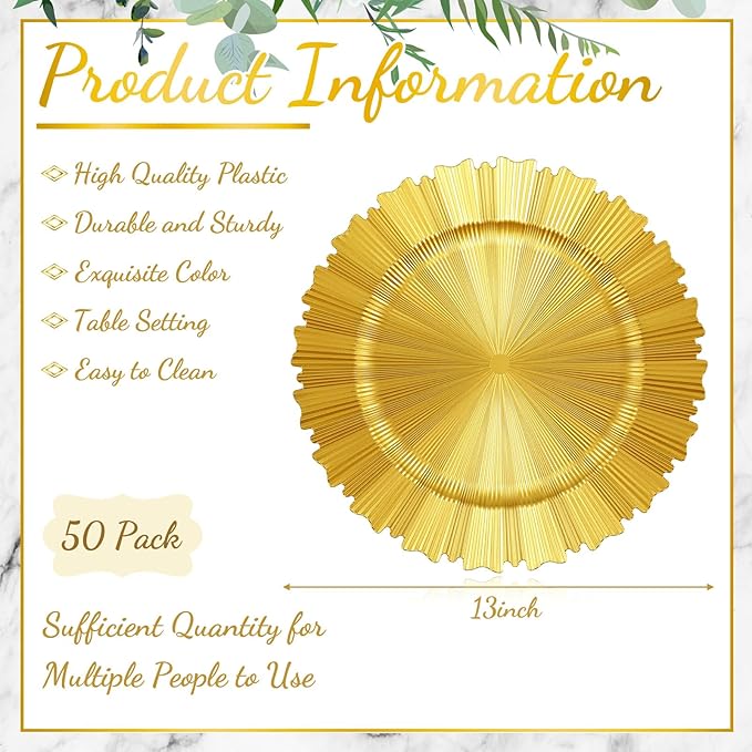 Mifoci 50 Pcs Bright Gold Charger Plates Bulk 13 Inch Plastic Round Chargers Fluted Edge Dinner Plate Wedding Decoration for Table Setting Wedding Party Event Tabletop