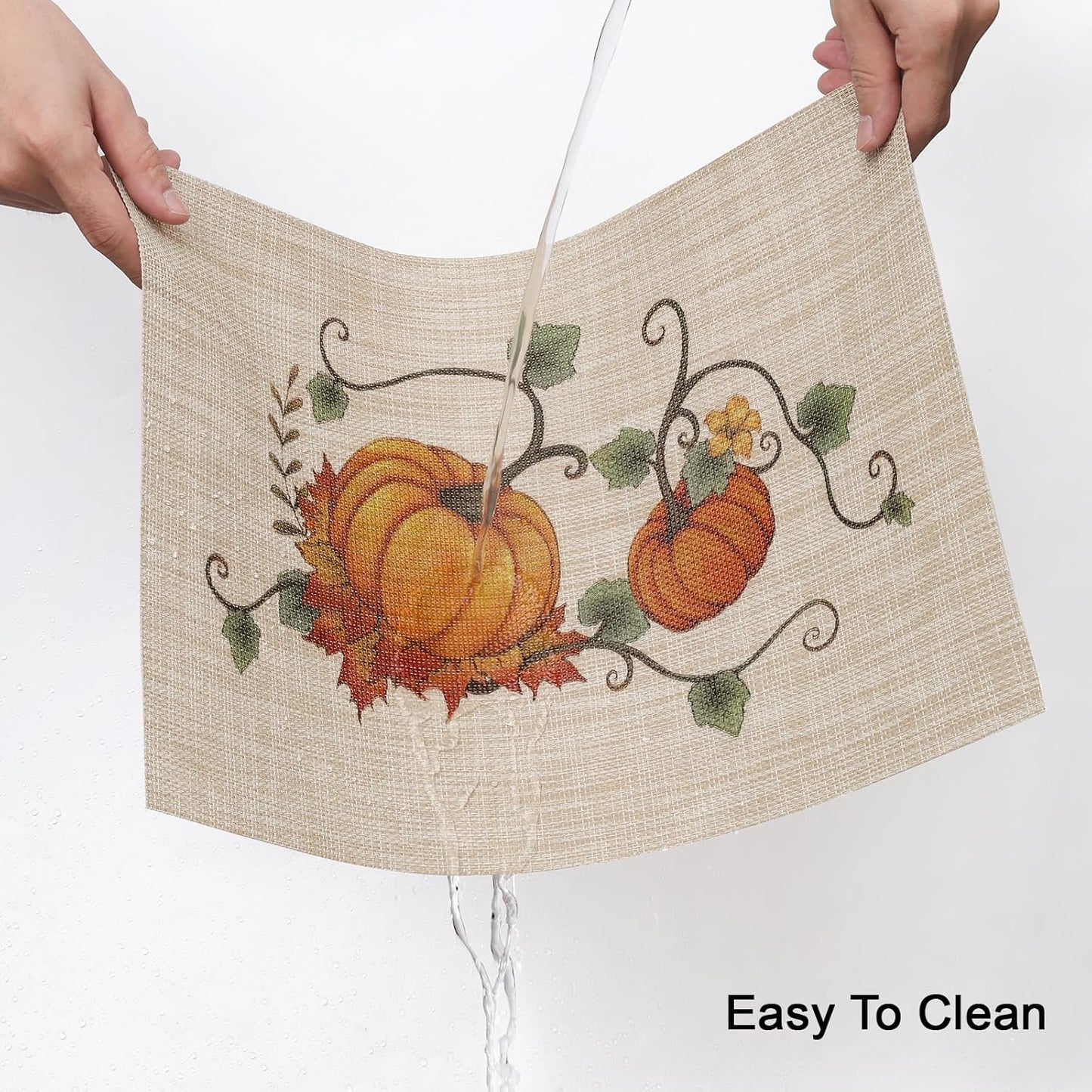 Thanksgiving Placemats Set of 6 Fall Table Mats Pumpkin Maple Leaves Table Mats Washable Non-Slip Heatproof Woven Placemats for Dining Table (17.7" X 11.8")