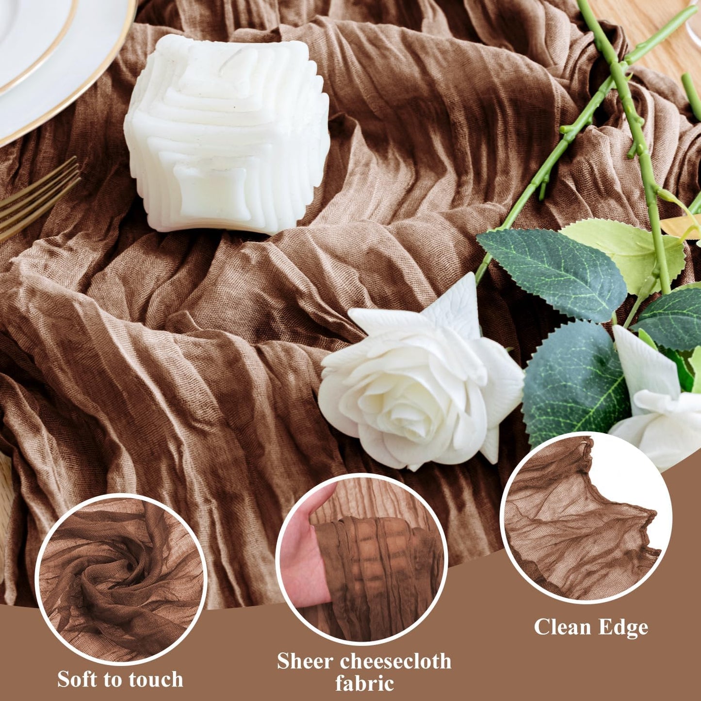 Wokceer Cheesecloth Table Runner 4Pack 10FT Brown Boho Gauze Cheese Cloth Table Runner for Party Long Rustic Sheer Table Runners for Baby Bridal Shower Wedding Easter Table Decor
