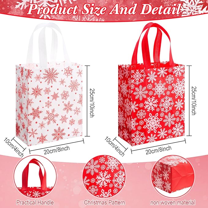 Wovnet 30 Pcs Christmas Bags Bulk Red White Snowflake Winter Merchandise Gift Bags with Handles Reusable Non Woven Tote Shopping Goodie Pouch for Xmas Party Favors 10 x 8 x 4in