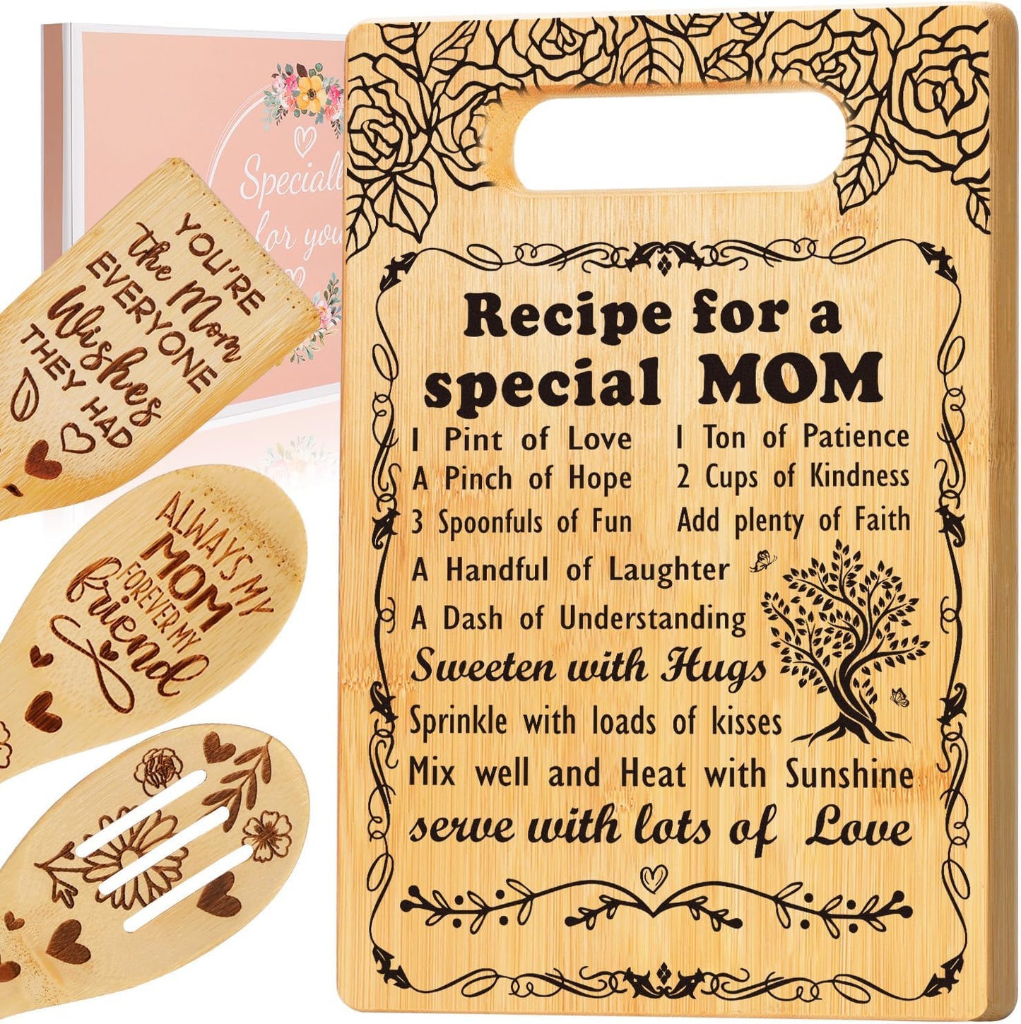 Birthday Gift for Mom, Recipe for a Special Mom- Christmas Birthday Mom Gifts from Daughter Son Cutting Board Set, Engraved Utensil Best Mom Ever Gifts Ideas Mom Gifts for Mother New Mom Step Mom