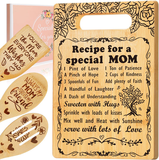 Birthday Gift for Mom, Recipe for a Special Mom- Christmas Birthday Mom Gifts from Daughter Son Cutting Board Set, Engraved Utensil Best Mom Ever Gifts Ideas Mom Gifts for Mother New Mom Step Mom
