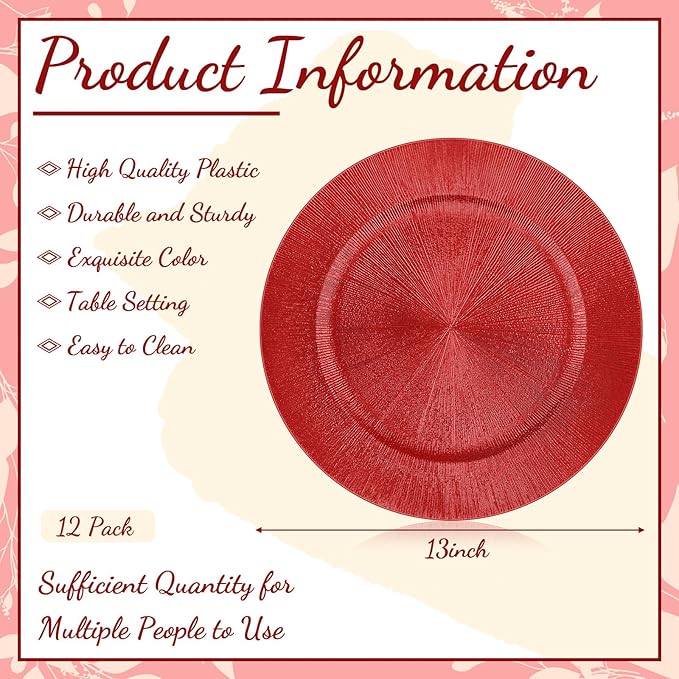 Tanlade 12 Pcs Charger Plates Bulk 13 Inch Plastic Round Wedding Chargers Floral Decorative Plates with Metallic Ruffled Rim for Wedding Party, Holiday Event Supplies(Red)