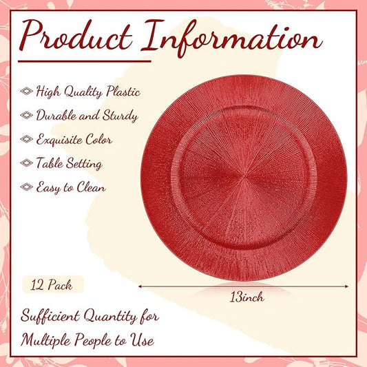 Tanlade 12 Pcs Charger Plates Bulk 13 Inch Plastic Round Wedding Chargers Floral Decorative Plates with Metallic Ruffled Rim for Wedding Party, Holiday Event Supplies(Red)