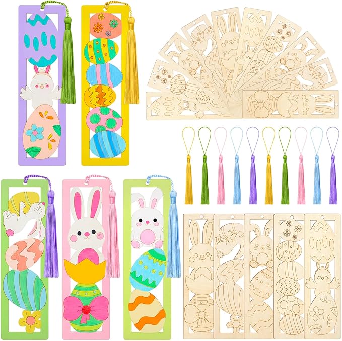 Yexiya 100 Pcs/50 Set Easter Wooden Bookmarks DIY Craft Kit, Bunny Egg Flower Bookmark Art Set for Book Lovers, Easter Birthday Party Holiday Gifts Art Project