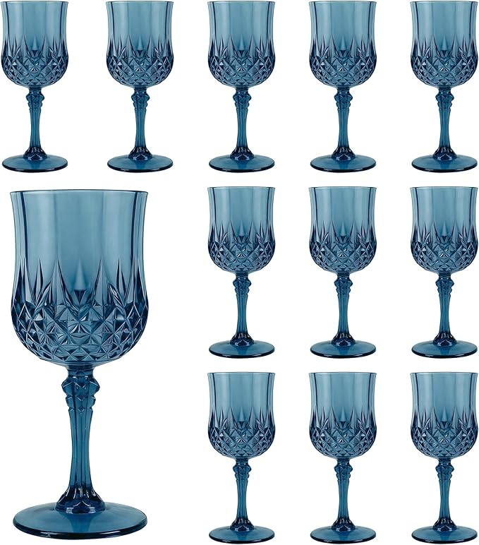 Plastic Wine Glasses, Plastic Goblets Vintage Style Cordial Unbreakable Drinking Glasses, Reusable Drinkware for Wedding Reception, Grand Event Party Supplies, Easter (12, Navy Blue)