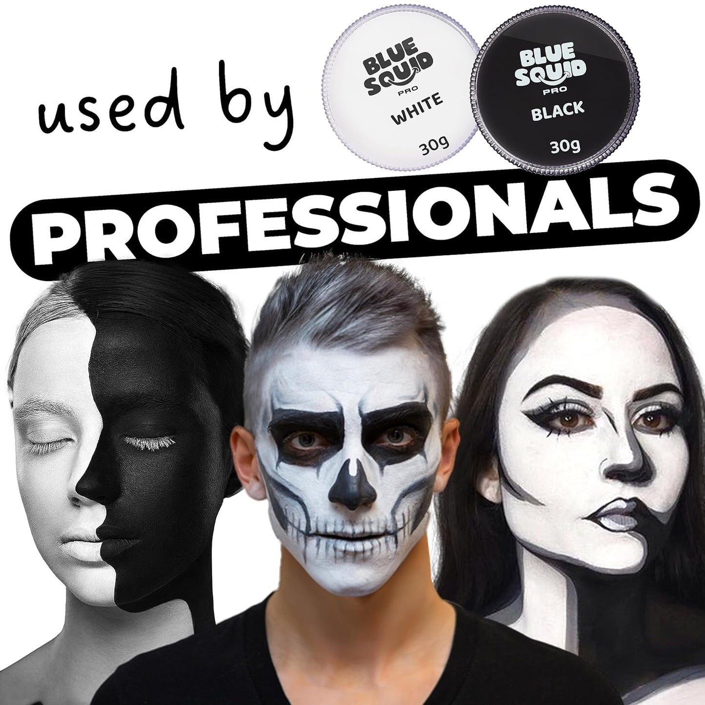 Blue Squid Face Paint Water Based Single Cake Professional Face & Body Paint - Water Activated, Kids Adults Face Painting for Costume, Halloween Makeup, Cosplay - Split Black & White Face Paint 30g
