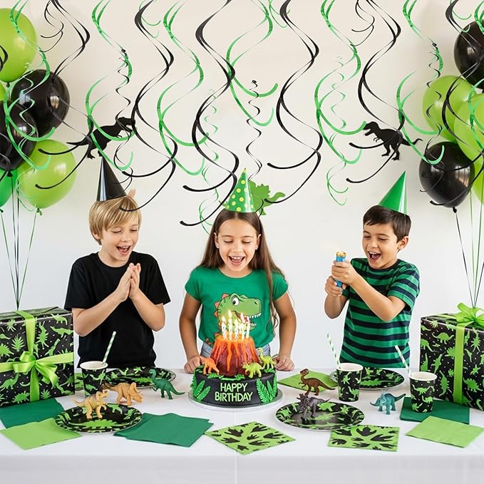 BEISHIDA Black Green Hanging Swirls Party Decorations Plastic Streamer for Dinosaur Theme Birthday Graduation Jungle Party Decorations, Pack of 24