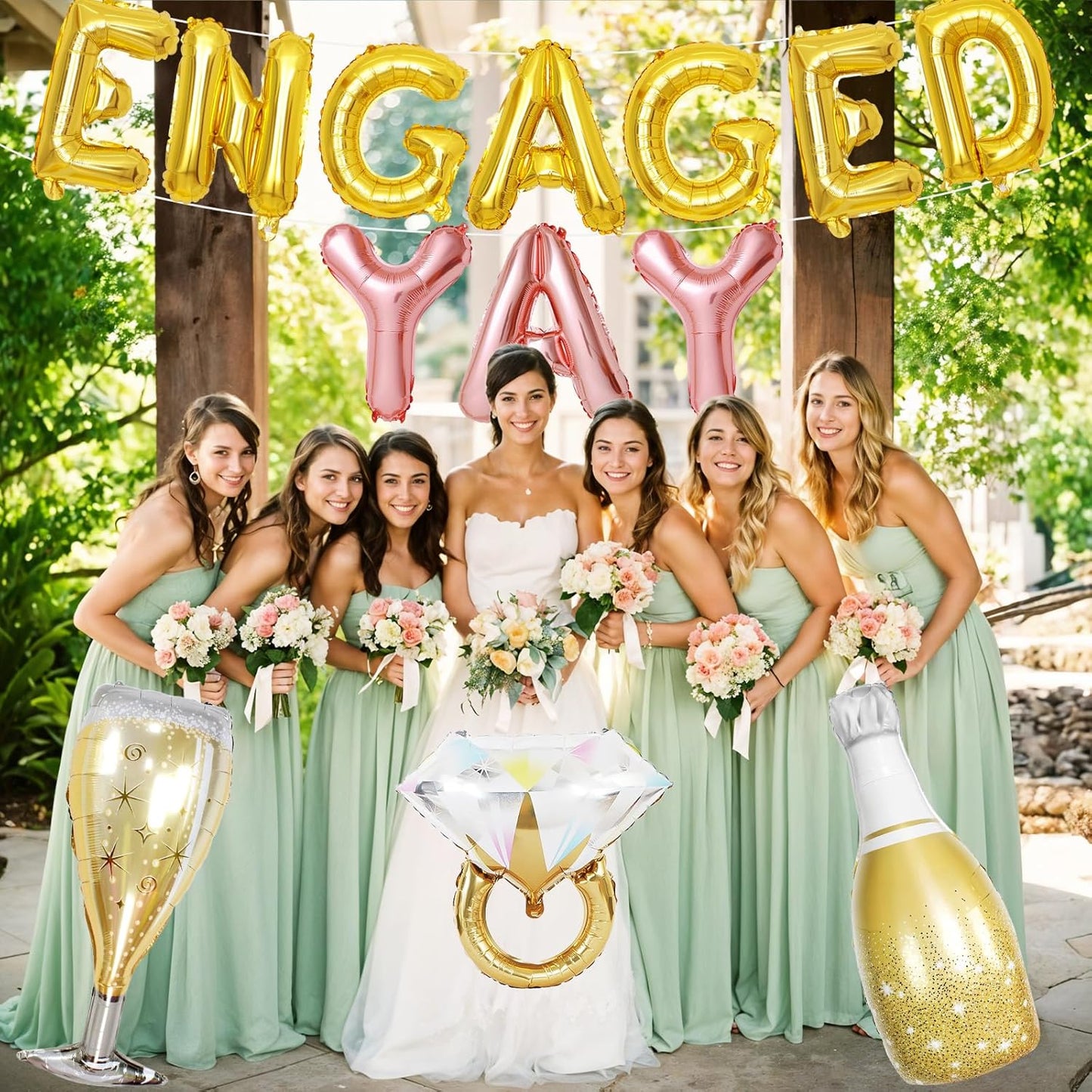 Gold Engagement Party Decorations, Engaged Yay Balloons Letters Banner, Diamond Ring White Champagne Bottle Balloon Glass Foil Balloon for Bachelorette Engagement Wedding Bridal Shower Party Supplies