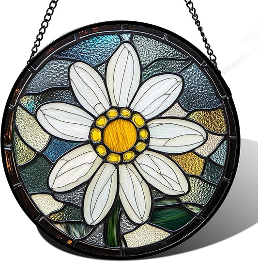 Stained Glass Window Hanging - Yellow White Daisy Birth Flower Suncatcher for Door Garden Yard Sun Catchers Decor Christmas Mother's Day Birthday Gifts for Teacher Women Mom Nana 15 in