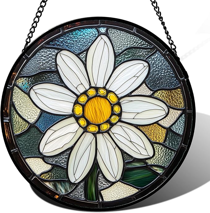 Stained Glass Window Hanging - Yellow White Daisy Birth Flower Suncatcher for Door Garden Yard Sun Catchers Decor Christmas Mother's Day Birthday Gifts for Teacher Women Mom Nana 9.8 in