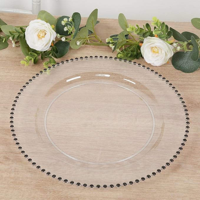 Efavormart 10-Pack Economy Plastic Charger Plates 13" Round Clear with Black Beaded Rim - Stylish Dinner Party Serving Plates