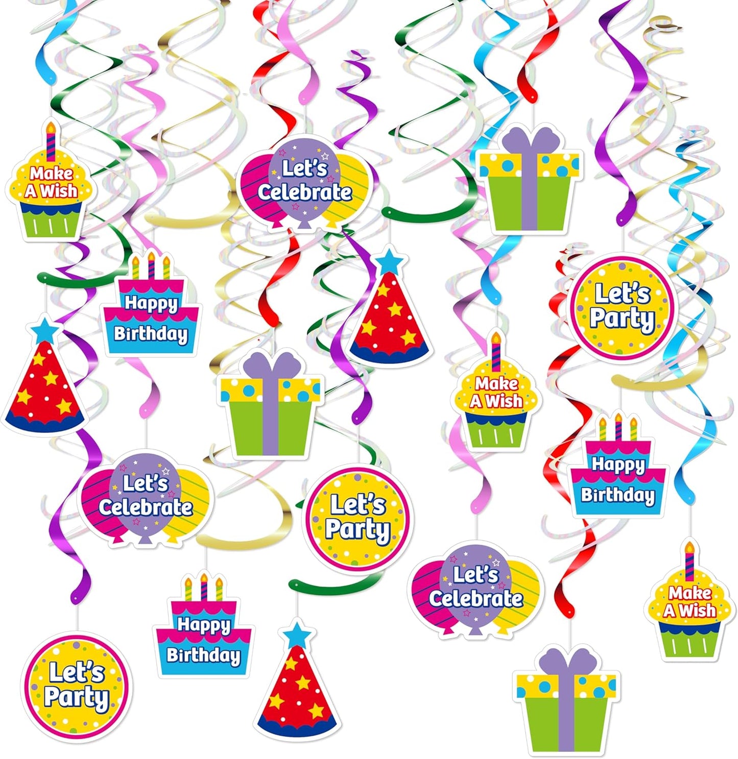 18Pcs Birthday Party Hanging Decorations - Colorful Swirl Streamers with "Happy Birthday," "Let's Celebrate," & "Make a Wish" Signs | Perfect for Parties, Birthdays, and Celebrations