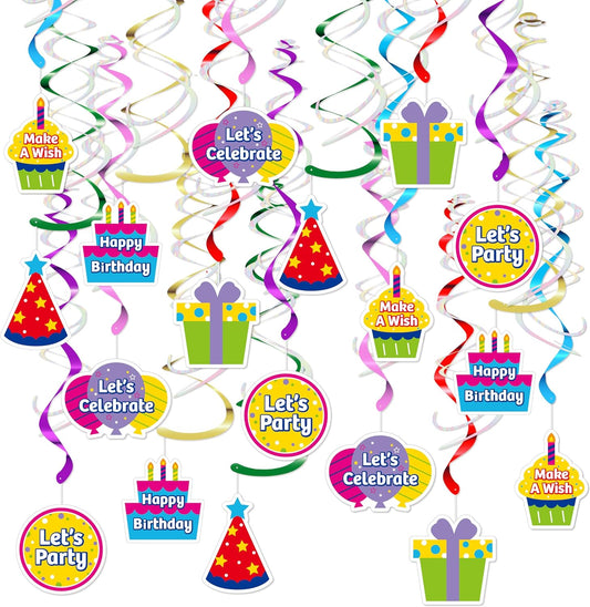 18Pcs Birthday Party Hanging Decorations - Colorful Swirl Streamers with "Happy Birthday," "Let's Celebrate," & "Make a Wish" Signs | Perfect for Parties, Birthdays, and Celebrations