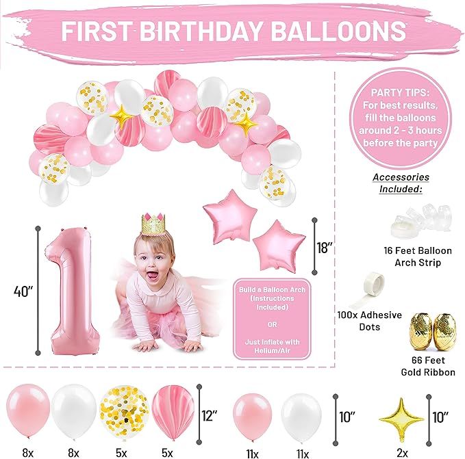 First Birthday Decorations for Girl | 1st Baby Girl Number 1 Balloon, Happy Birthday Banner, “One” Cake Topper, Star Garland, Marble Pink, Gold Confetti, Heart Balloons, Paper Tassels | PartyHooman