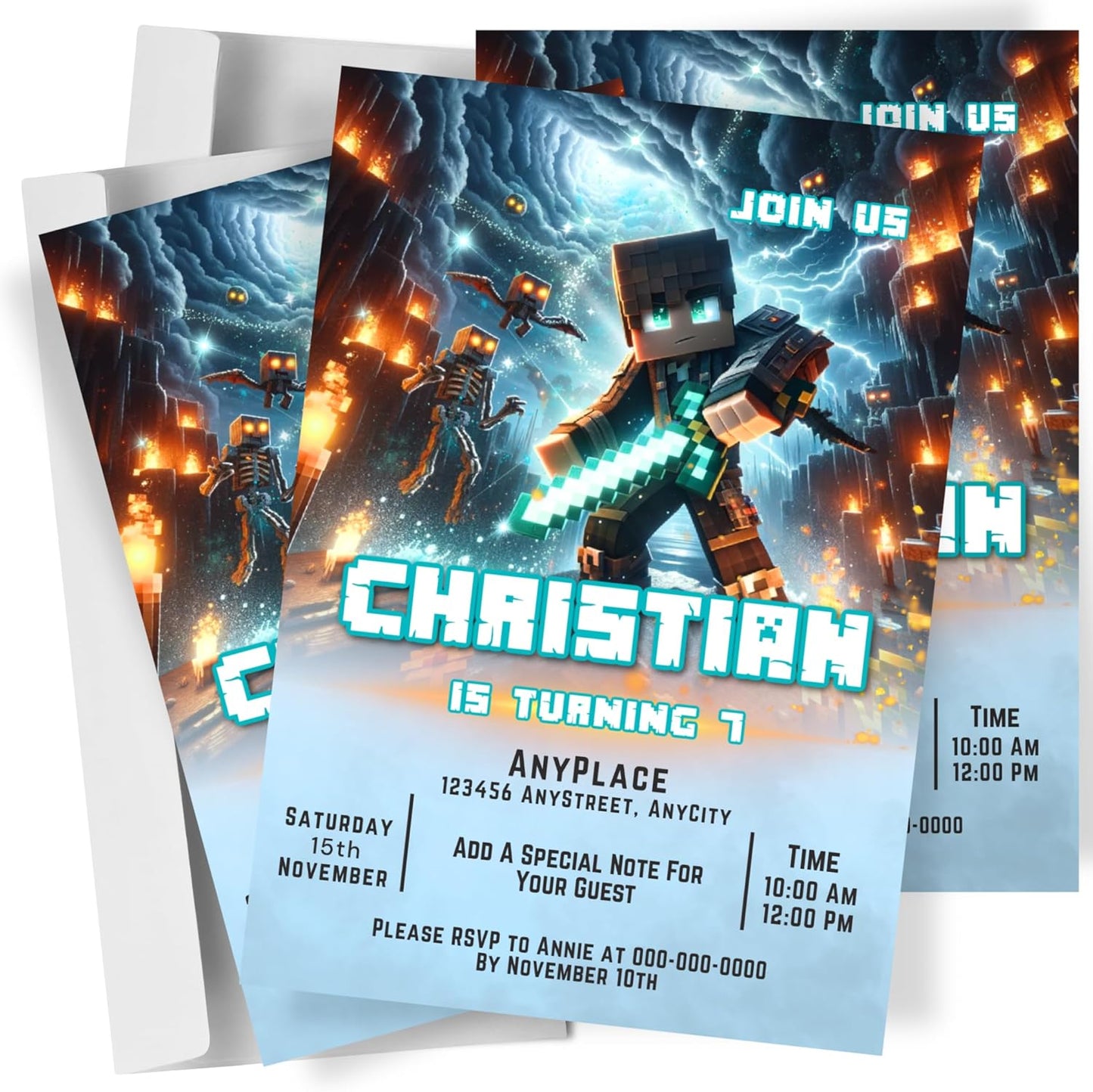 Fully Customizable minecraft Birthday Party Invitations, 4 x 6 inches, with Self-Sealing Envelopes, Gaming Theme Design, minecraft Birthday Invitations for Boys and Girls (Minecraft/Fire)