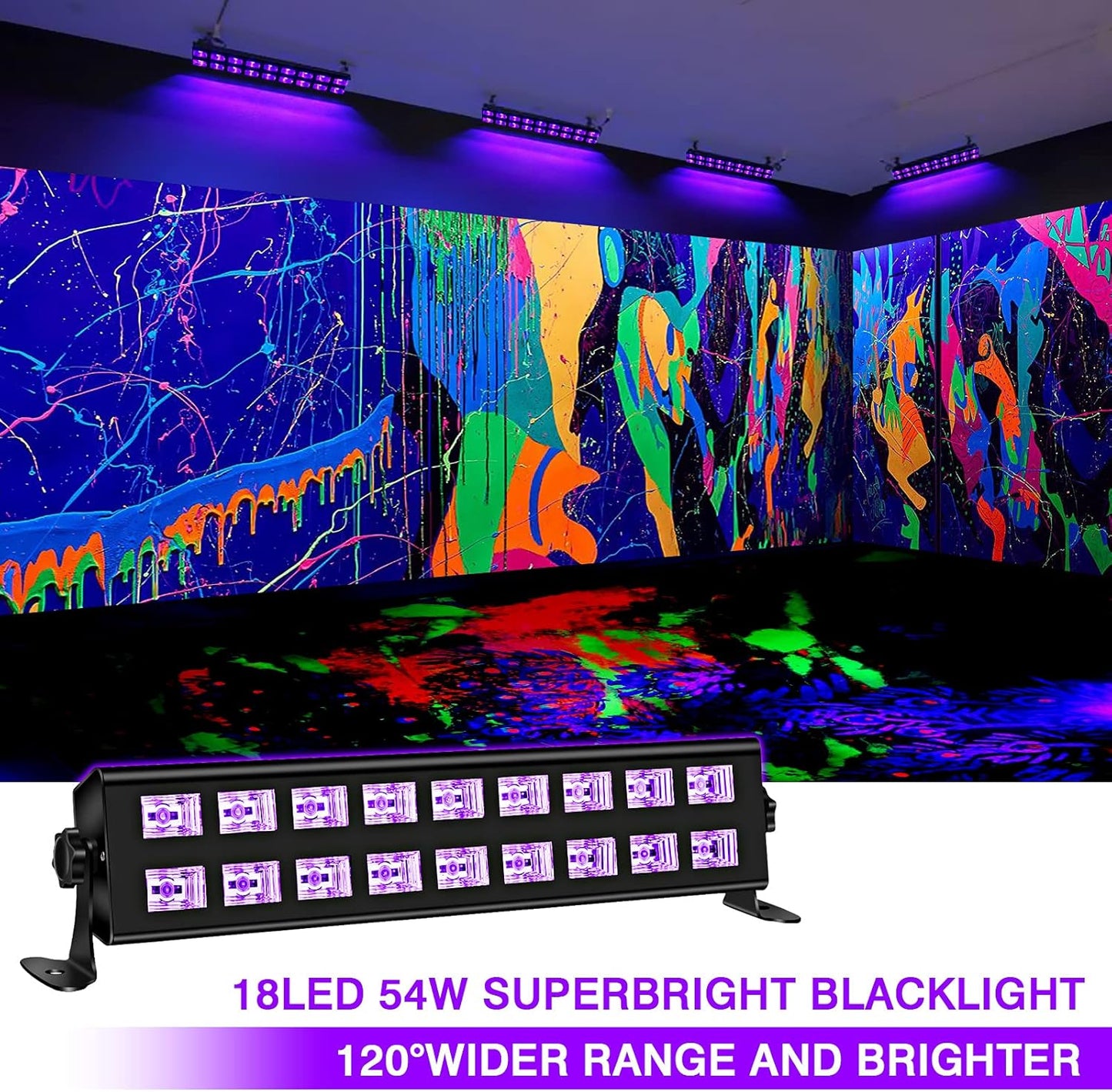 Black Light Bar Glow Party - 54W 18LEDs Powerful UV Black Light Glow in The Dark Party Supplies for Blacklights Party Body Paint Birthday Music Dance Nightclub Halloween Christmas Stage Lighting