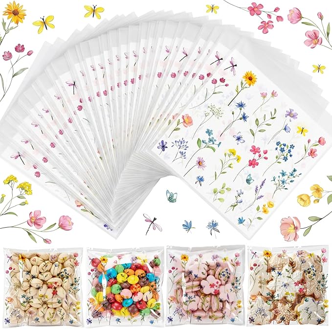Tinlade 200 Pcs Wildflower Party Cellophane Treat Bags Floral Candy Decorations Plastic Clear Goody Bags for Wedding Birthday Graduation Party Supplies