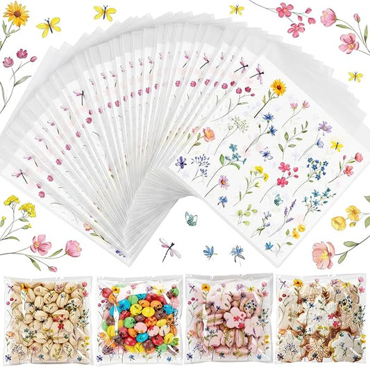 Tinlade 200 Pcs Wildflower Party Cellophane Treat Bags Floral Candy Decorations Plastic Clear Goody Bags for Wedding Birthday Graduation Party Supplies