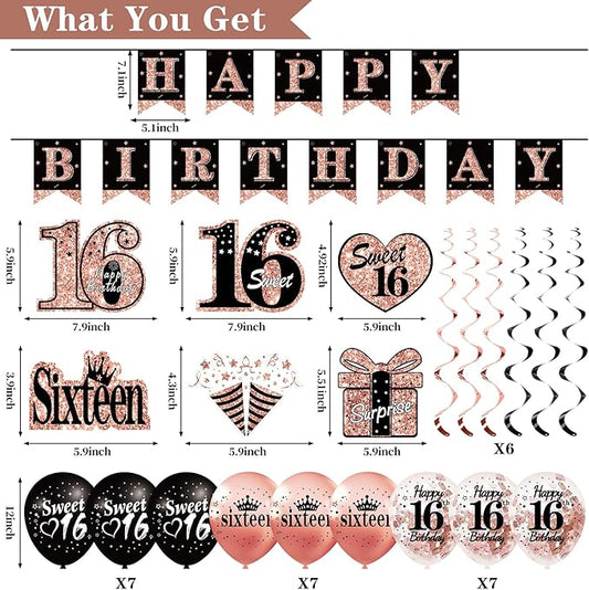 16th Birthday Decorations for Girls, 33pcs Sweet 16 Crown and Sash, Black Rose Gold Happy 16th Birthday Banner Balloons Backdrop Hanging Swirls Paper Fans, Sixteen Party Decorations Kit