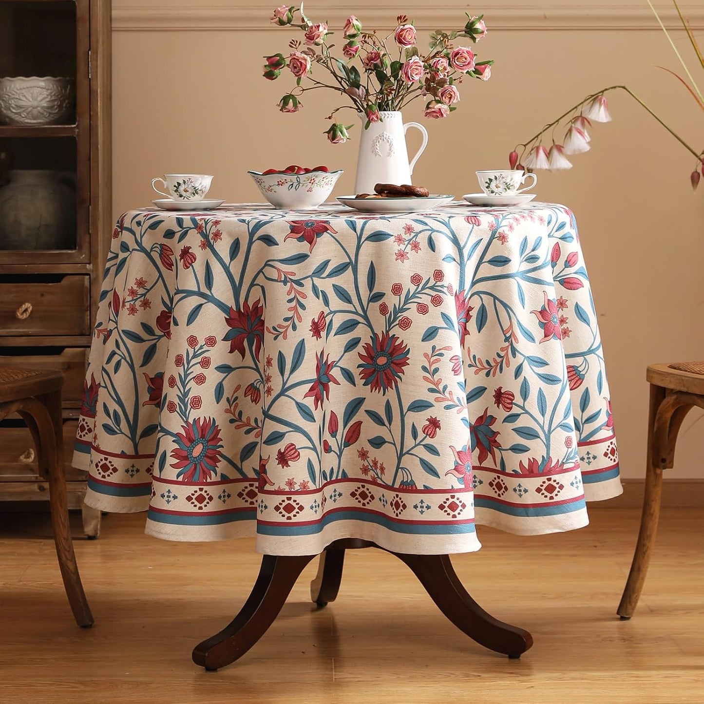 Designer Floral Linen Round Tablecloth,Vintage William Morris Wrinkle Resistant Table Cloth,Decorative Table Cover for Kitchen,Dining,Thanksgiving,Christmas,Diameter 67"-Dorodango B